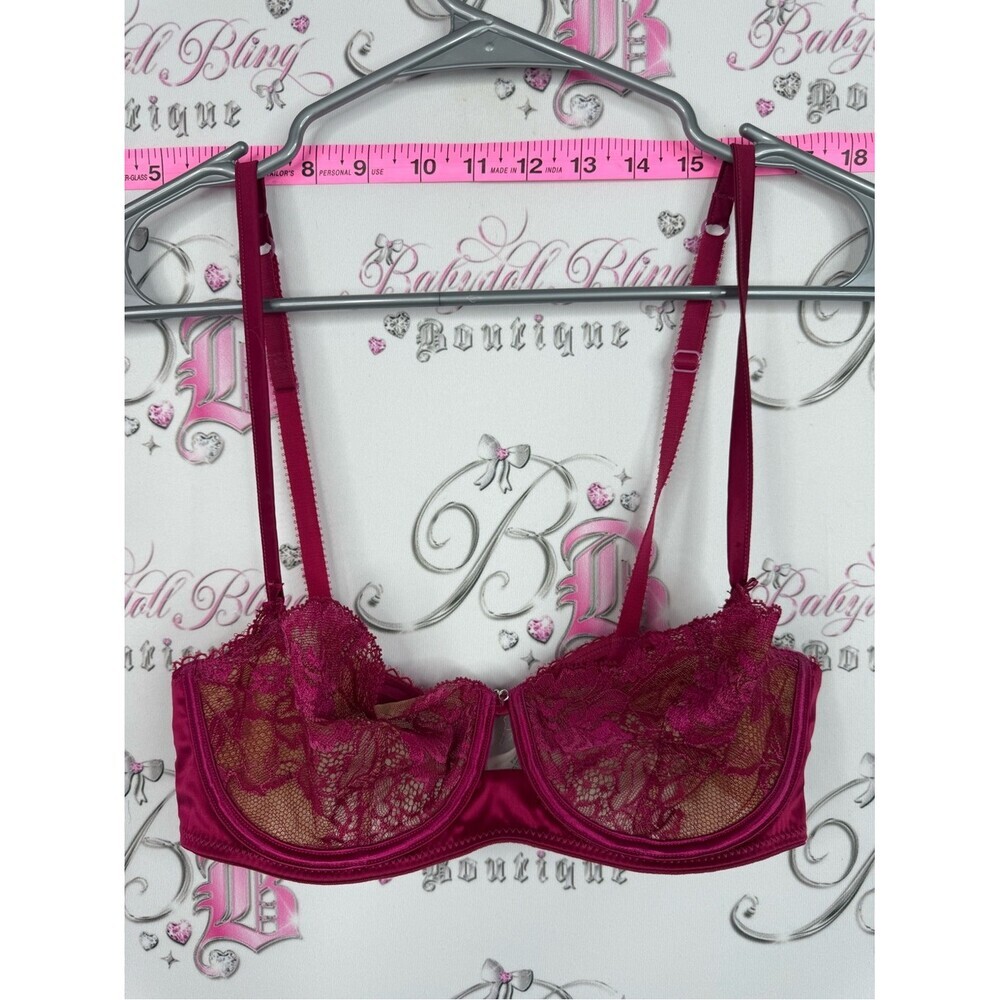 Bra pearl charm Sheer Lace Underwire Bra in Deep Magenta red pink